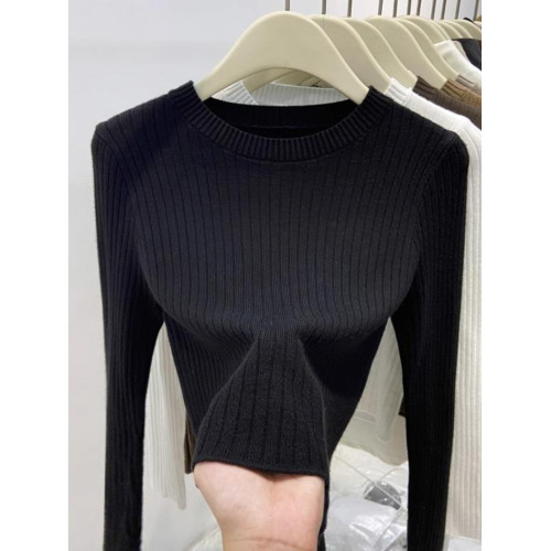 歐貨短款針織毛衣女2025秋裝小個子慵懶風軟糯坑條內搭打底衫上衣