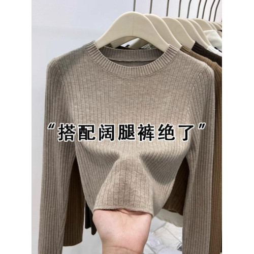 歐貨短款針織毛衣女2025秋裝小個子慵懶風軟糯坑條內搭打底衫上衣