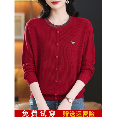 媽媽裝圓領冰絲上衣女2025春裝新款寬松洋氣減齡三角標針織打底衫