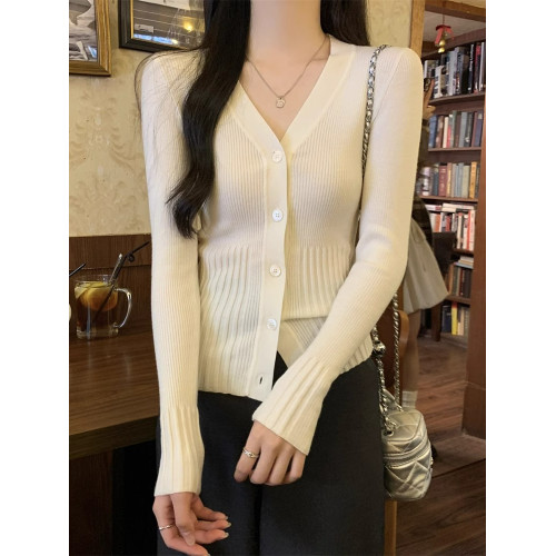 拉夏貝爾灰色針織開衫女秋季2024新款修身顯瘦內搭打底衫V領上衣