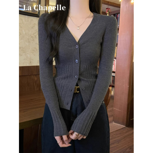 拉夏貝爾灰色針織開衫女秋季2024新款修身顯瘦內搭打底衫V領上衣