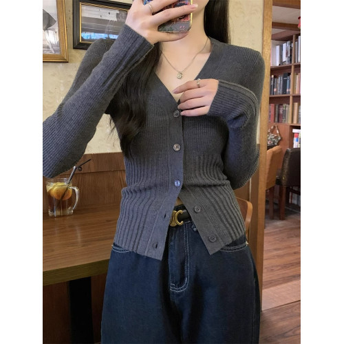 拉夏貝爾灰色針織開衫女秋季2024新款修身顯瘦內搭打底衫V領上衣