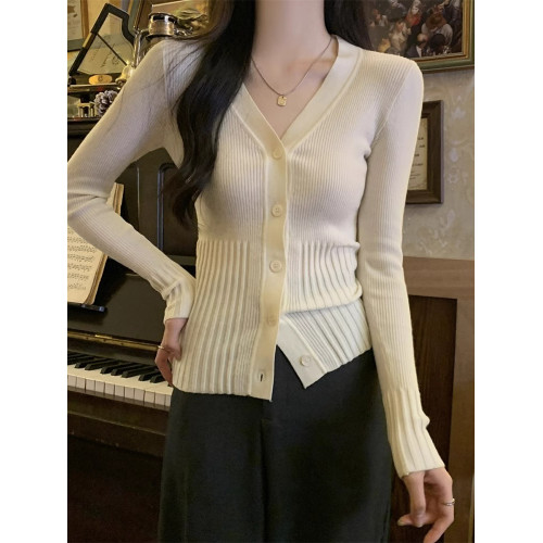 拉夏貝爾灰色針織開衫女秋季2024新款修身顯瘦內搭打底衫V領上衣