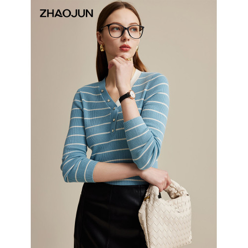 兆君2025春秋新款精紡條紋羊毛衫女v領長袖針織打底衫修身薄毛衣