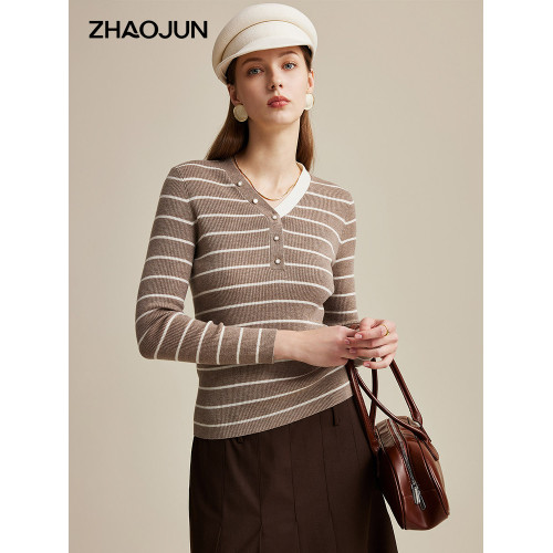 兆君2025春秋新款精紡條紋羊毛衫女v領長袖針織打底衫修身薄毛衣