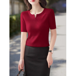 Basic House/百家好藏藍色短袖針織打底衫女2025夏季新款修身內搭