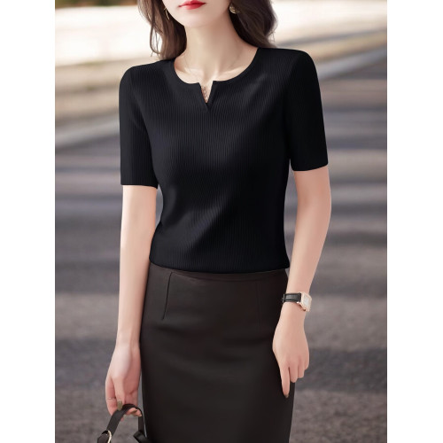 Basic House/百家好藏藍色短袖針織打底衫女2025夏季新款修身內搭