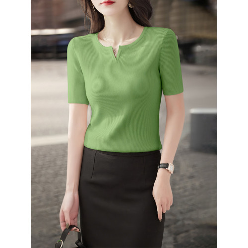 Basic House/百家好藏藍色短袖針織打底衫女2025夏季新款修身內搭