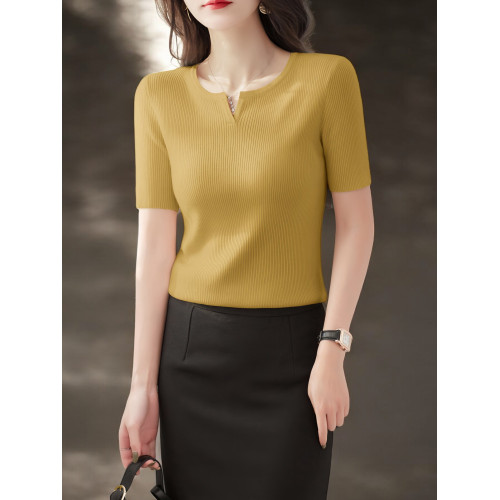 Basic House/百家好藏藍色短袖針織打底衫女2025夏季新款修身內搭