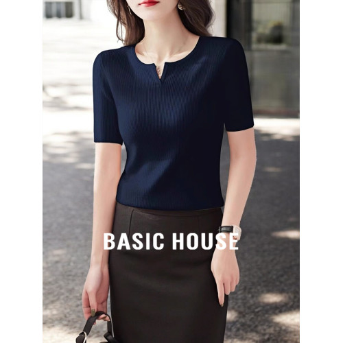 Basic House/百家好藏藍色短袖針織打底衫女2025夏季新款修身內搭