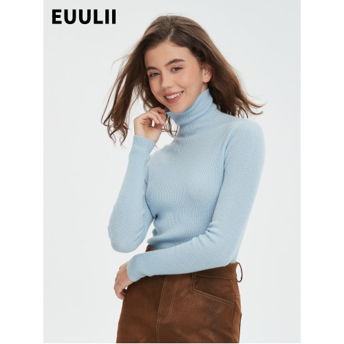 EUULII 2024秋冬新品100%美麗諾羊毛衫無縫高領打底衫百搭針織女