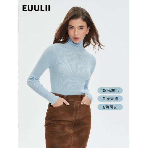 EUULII 2024秋冬新品100%美麗諾羊毛衫無縫高領打底衫百搭針織女