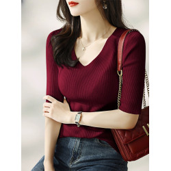 Basic House/百家好藏藍色五分袖V領針織打底衫女士2025早秋新款