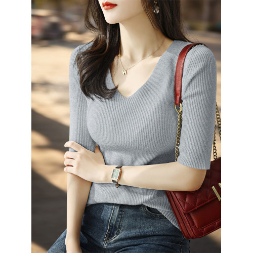 Basic House/百家好藏藍色五分袖V領針織打底衫女士2025早秋新款