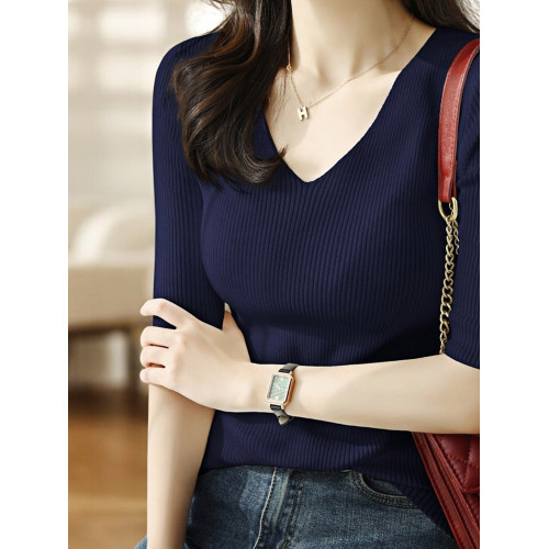 Basic House/百家好藏藍色五分袖V領針織打底衫女士2025早秋新款