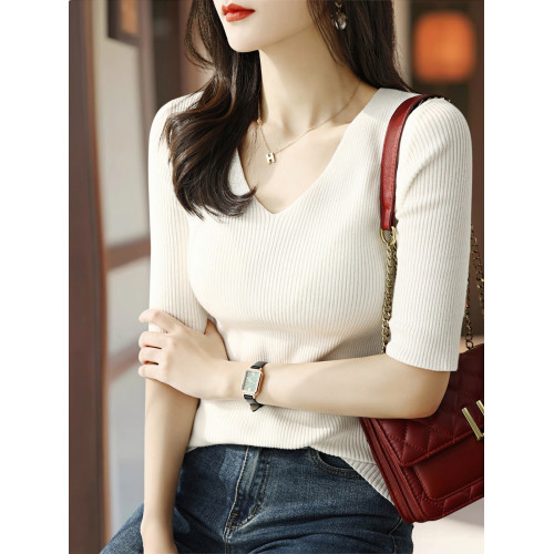 Basic House/百家好藏藍色五分袖V領針織打底衫女士2025早秋新款