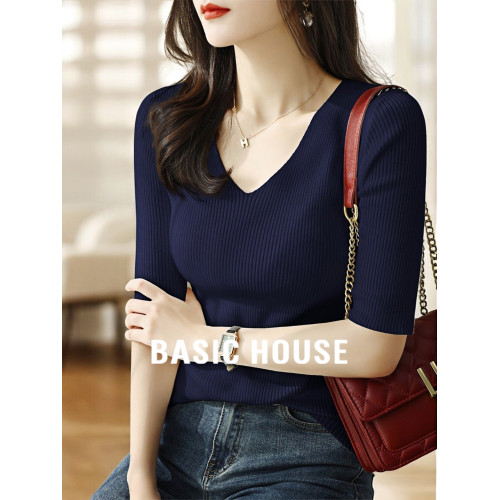 Basic House/百家好藏藍色五分袖V領針織打底衫女士2025早秋新款