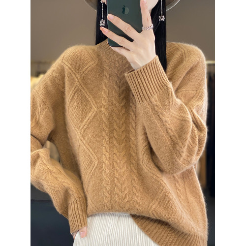 2024秋冬新款半高領加厚羊絨衫女裝針織寬松大碼打底衫女純色毛衣