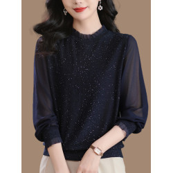 蕾絲花邊桑蠶絲紗袖針織衫女春秋裝薄款媽媽冰絲上衣遮肚子打底衫