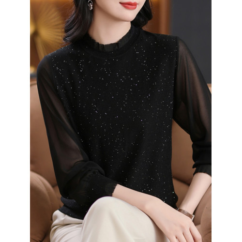 蕾絲花邊桑蠶絲紗袖針織衫女春秋裝薄款媽媽冰絲上衣遮肚子打底衫