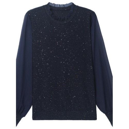 蕾絲花邊桑蠶絲紗袖針織衫女春秋裝薄款媽媽冰絲上衣遮肚子打底衫