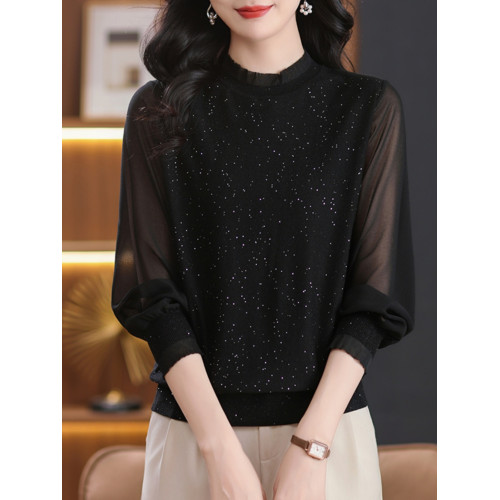 蕾絲花邊桑蠶絲紗袖針織衫女春秋裝薄款媽媽冰絲上衣遮肚子打底衫