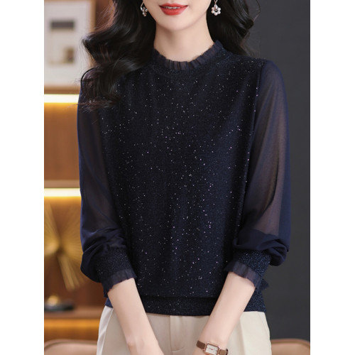 蕾絲花邊桑蠶絲紗袖針織衫女春秋裝薄款媽媽冰絲上衣遮肚子打底衫