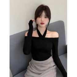 小泡芙日系春季新款一字肩掛脖交叉性感上衣t 恤露肩純欲打底衫女