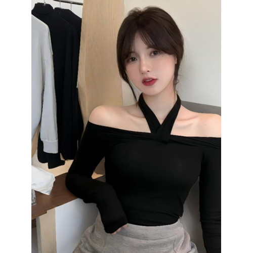 小泡芙日系春季新款一字肩掛脖交叉性感上衣t 恤露肩純欲打底衫女