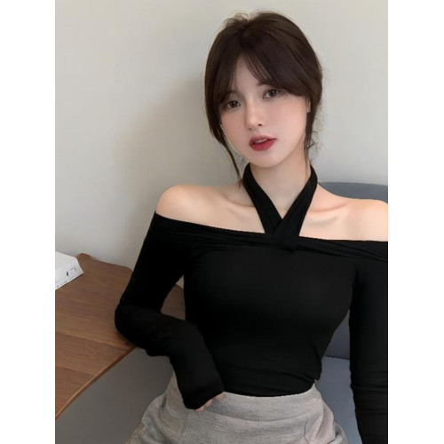 小泡芙日系春季新款一字肩掛脖交叉性感上衣t 恤露肩純欲打底衫女