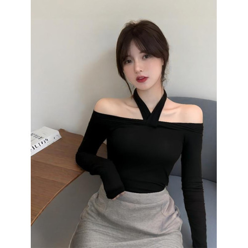 小泡芙日系春季新款一字肩掛脖交叉性感上衣t 恤露肩純欲打底衫女