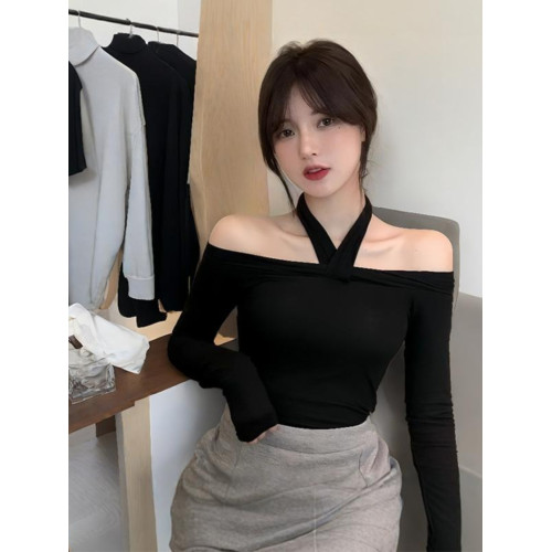 小泡芙日系春季新款一字肩掛脖交叉性感上衣t 恤露肩純欲打底衫女