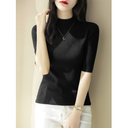 感時尚半高領修身五分袖針織衫女春季新款中袖百搭套頭打底衫