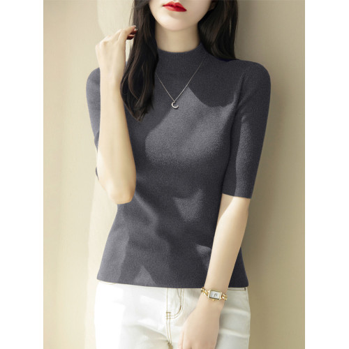 感時尚半高領修身五分袖針織衫女春季新款中袖百搭套頭打底衫