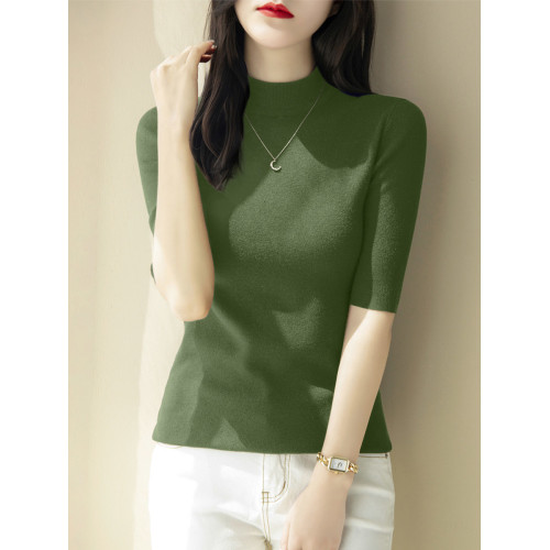 感時尚半高領修身五分袖針織衫女春季新款中袖百搭套頭打底衫