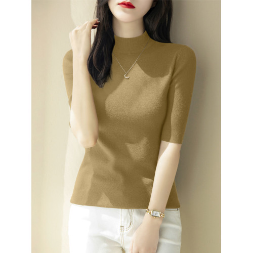 感時尚半高領修身五分袖針織衫女春季新款中袖百搭套頭打底衫