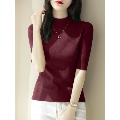 感時尚半高領修身五分袖針織衫女春季新款中袖百搭套頭打底衫