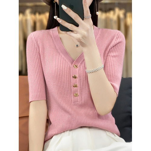 精紡V領打底衫上衣2024年春夏季新款軟糯顯瘦中袖薄款針織衫女裝