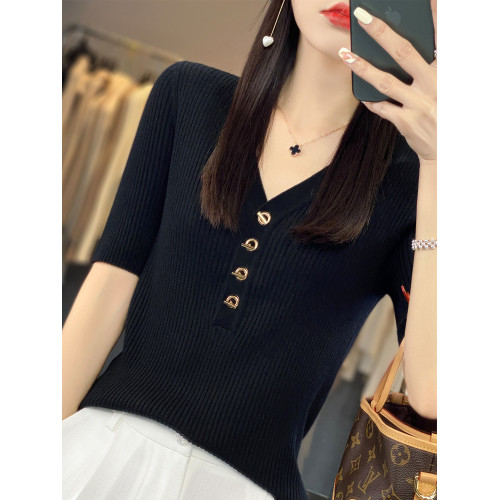 精紡V領打底衫上衣2024年春夏季新款軟糯顯瘦中袖薄款針織衫女裝