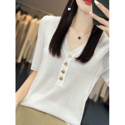 精紡V領打底衫上衣2024年春夏季新款軟糯顯瘦中袖薄款針織衫女裝