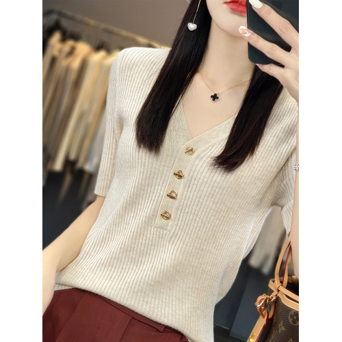 精紡V領打底衫上衣2024年春夏季新款軟糯顯瘦中袖薄款針織衫女裝