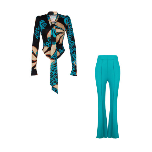 XULU原創抽象派牛奶絲印花系帶打底衫時尚百搭氣質燈籠袖V領上衣