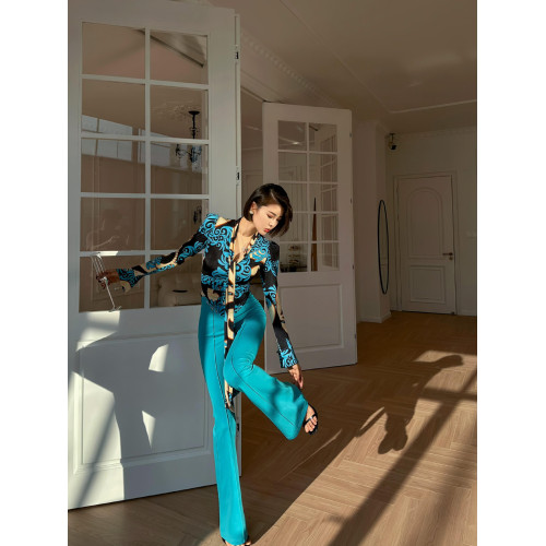 XULU原創抽象派牛奶絲印花系帶打底衫時尚百搭氣質燈籠袖V領上衣