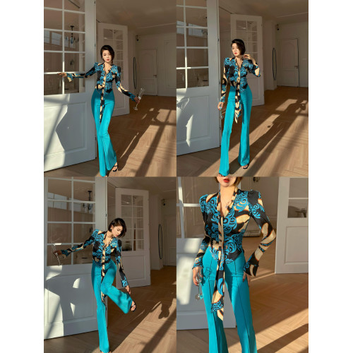 XULU原創抽象派牛奶絲印花系帶打底衫時尚百搭氣質燈籠袖V領上衣