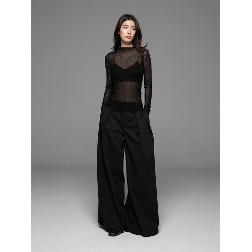 LIYIHAN2025秋季黑色罩衫氣質法式上衣女透視針織衫圓領輕奢長袖