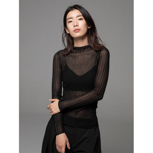 LIYIHAN2025秋季黑色罩衫氣質法式上衣女透視針織衫圓領輕奢長袖