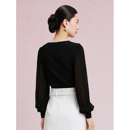 La Koradior拉珂蒂時尚秋季新款長袖打底衫黑色v領套頭衫外穿女