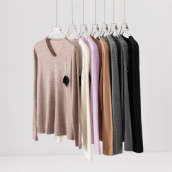 敭子紗薄款精紡100細羊毛V領針織打底衫女寬松休閒韓版通勤薄毛衣