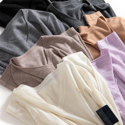 敭子紗薄款精紡100細羊毛V領針織打底衫女寬松休閒韓版通勤薄毛衣