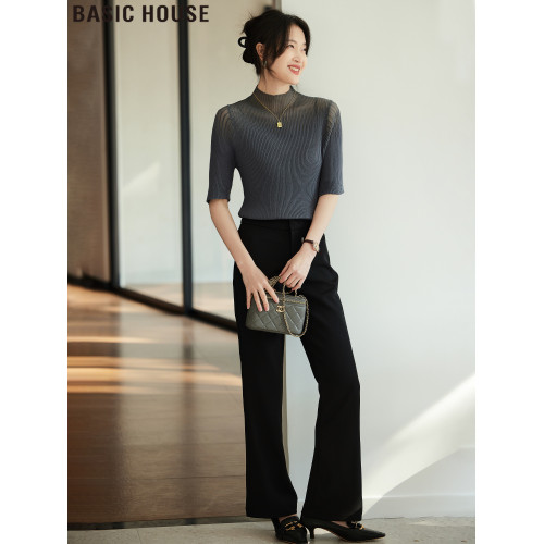 Basic House/百家好法式赫拉半高領網紗五分袖針織打底衫女士夏季